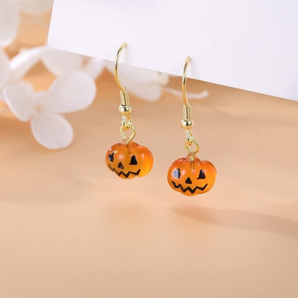 Solid 925 Sterling Silver Halloween Pumpkin Drop Earrings for Women Teens Tiny P - Picture 4 of 7